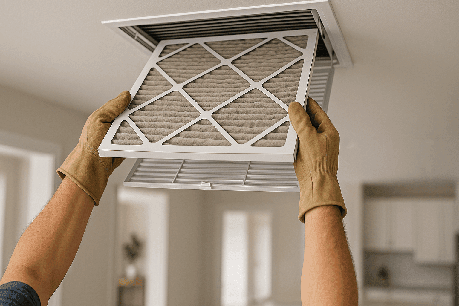 Person replacing HVAC air filter in home vent