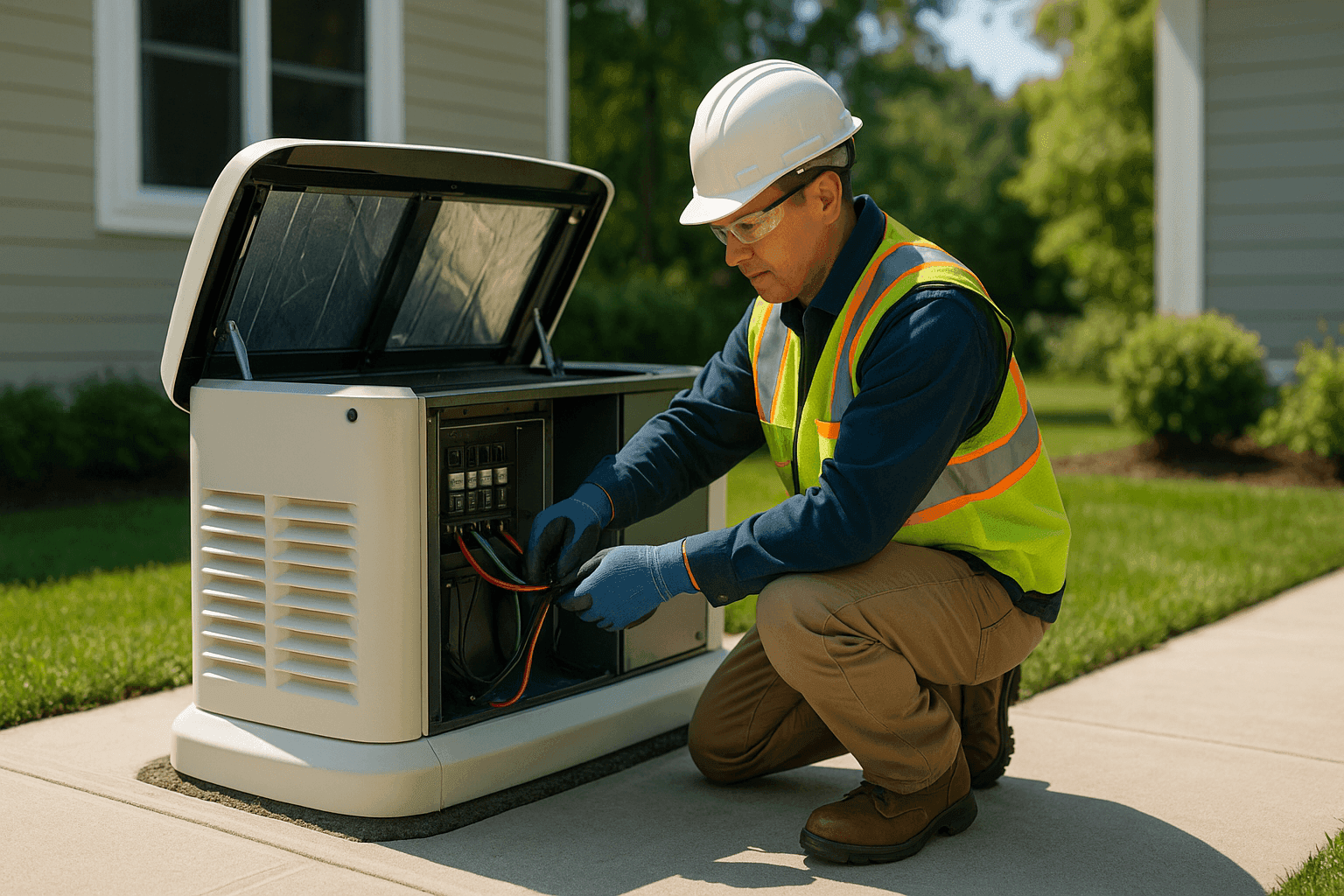 Technician connecting standby generator outside home