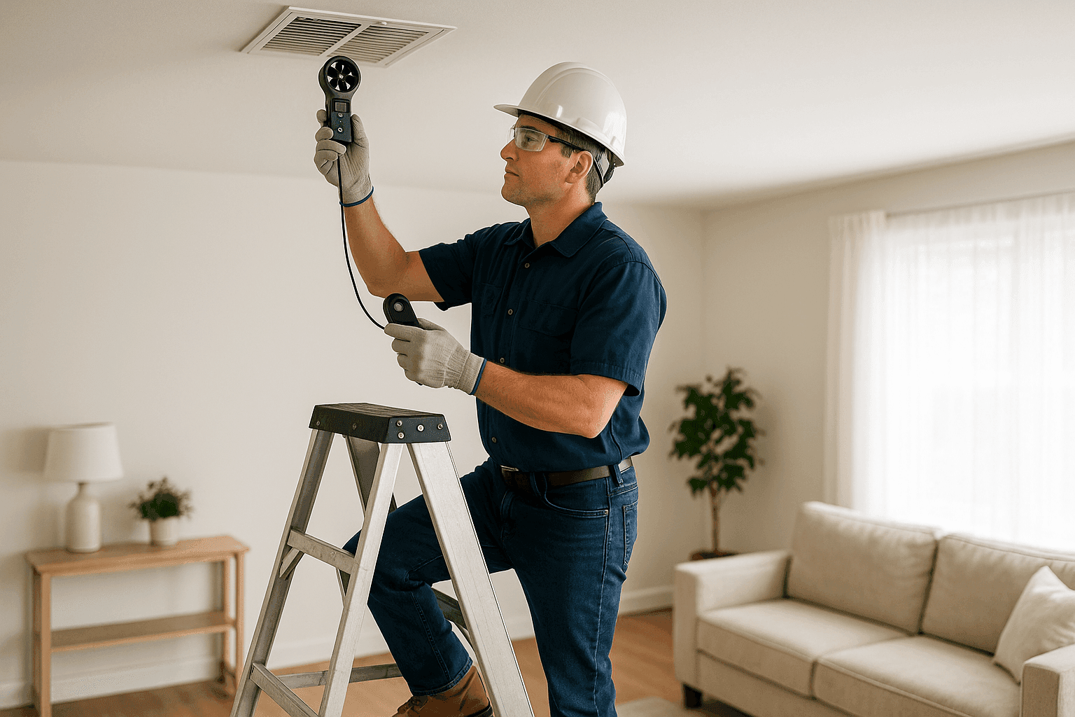 Technician measuring airflow from home ceiling vent
