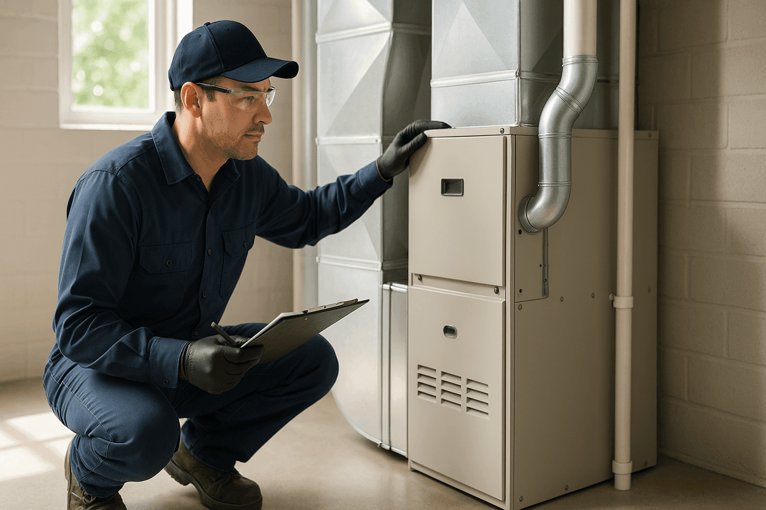 Technician checking HVAC system with clipboard