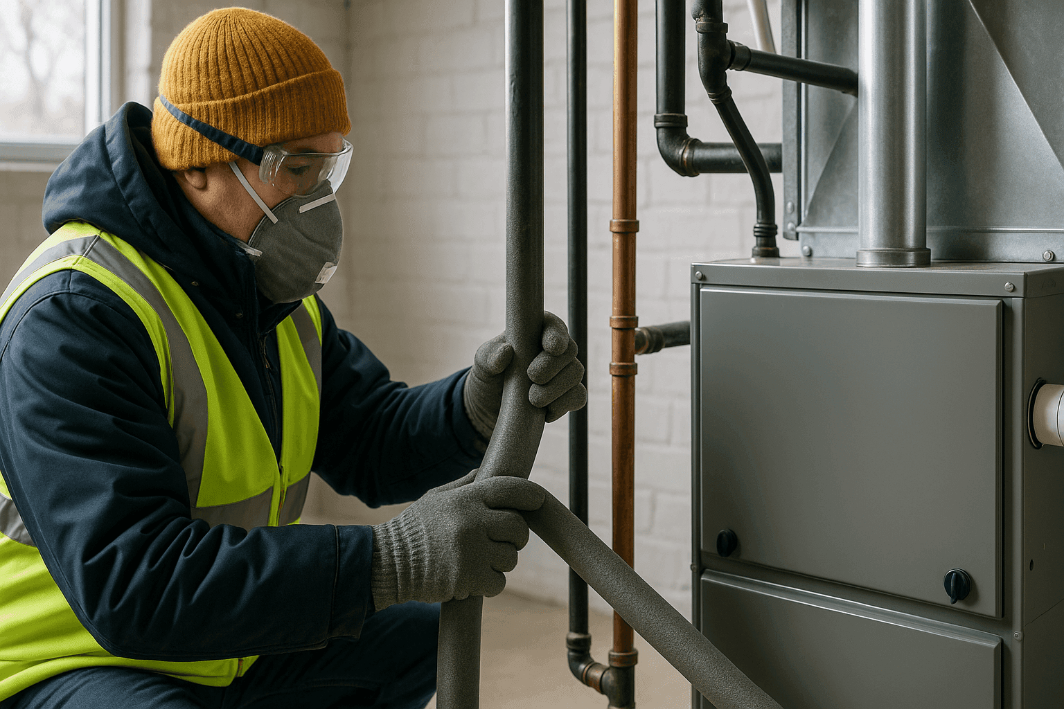 Technician insulating exposed pipes near furnace in basement