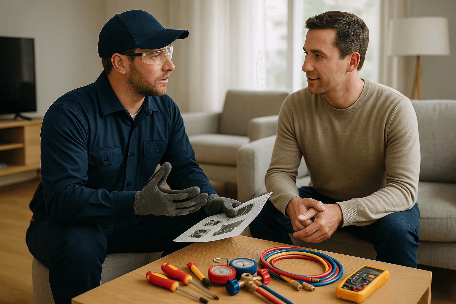 HVAC technician consulting homeowner about HVAC system choices indoors