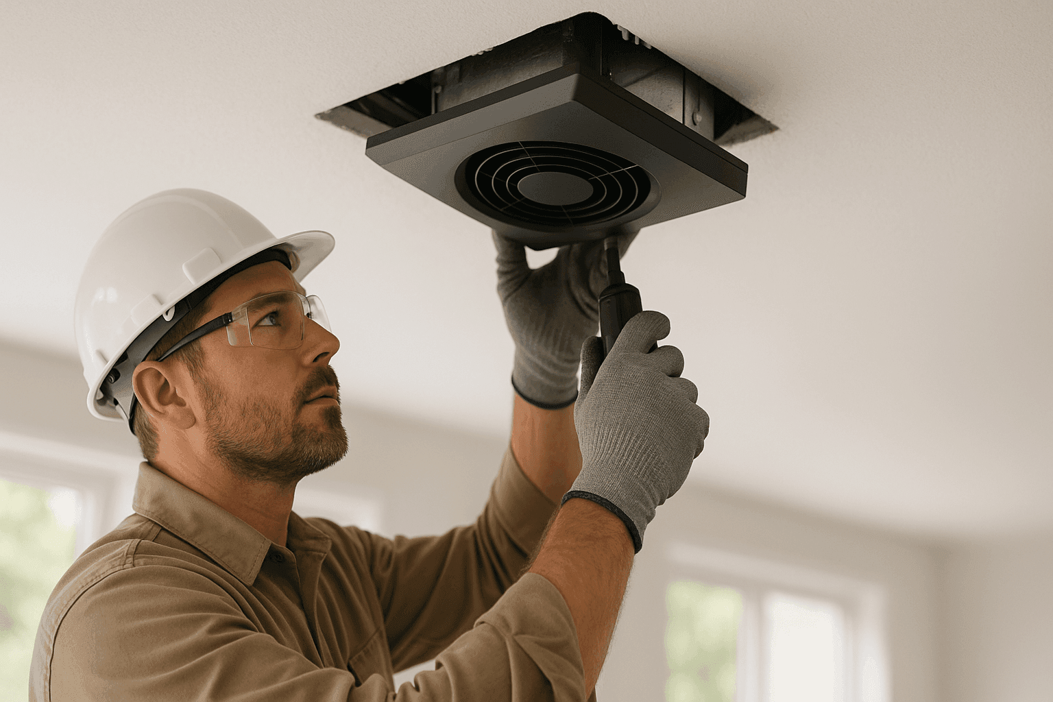 Technician installing home ventilation fan
