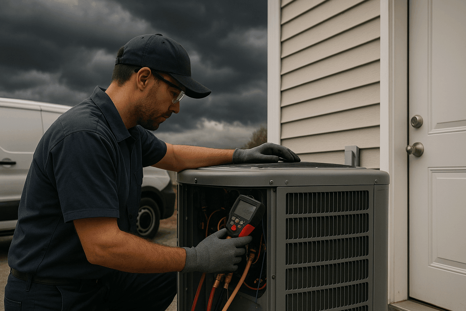 HVAC technician inspecting outdoor air conditioning unit before a storm