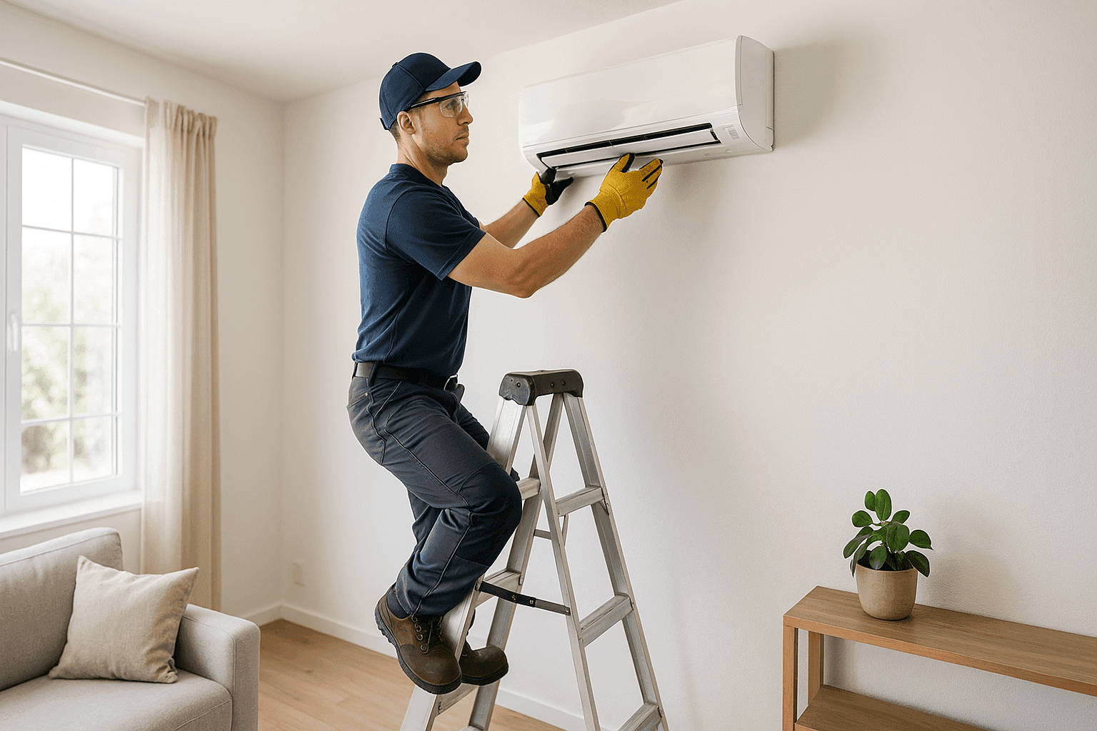 Technician mounting indoor mini-split AC unit on wall