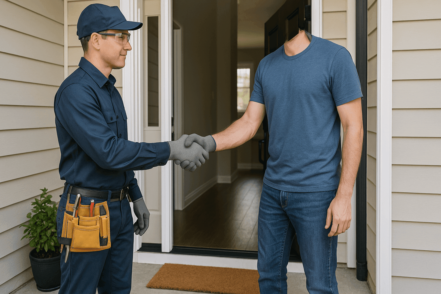 Homeowner shaking hands with HVAC technician at front door