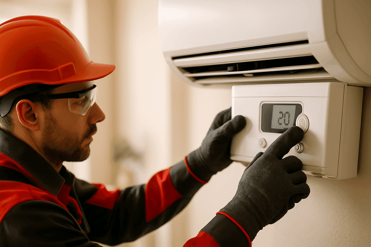 Gloved hands of HVAC technician adjusting air conditioner control panel safely